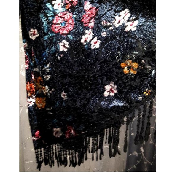 Velvet Floral Print Black Fringe Kimono Open Cardigan Sweater Duster Size 1X - Picture 3 of 7